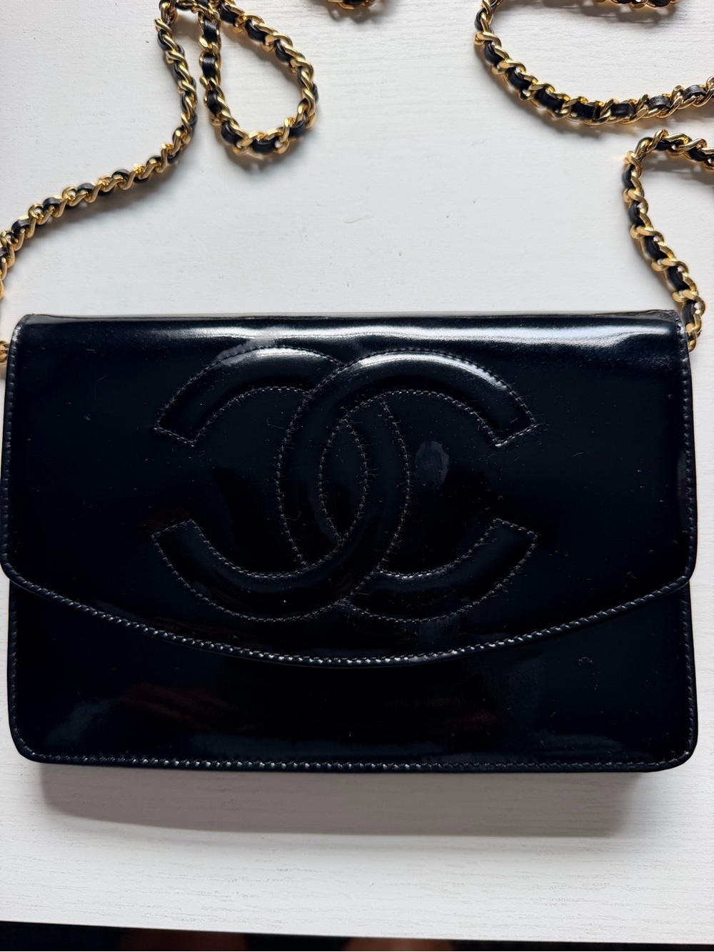 Authentic CHANEL Vintage Patent Timeless Crossbody Bag Gold Hardware